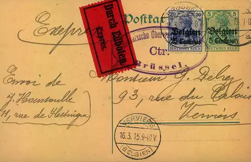 1915, Bedarfs-Eilbotenkarte von BRÜSSEL nach Verviers mit besserer Zensur.