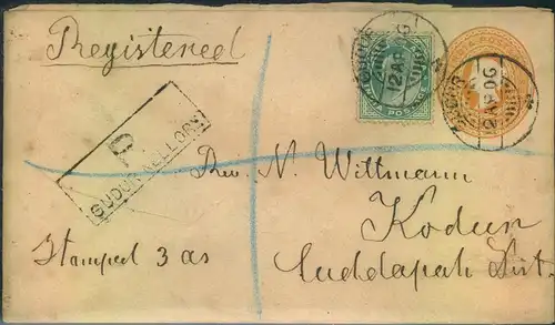 1906, stationery envelope registered from "GUDUR NELLORY"toKodur
