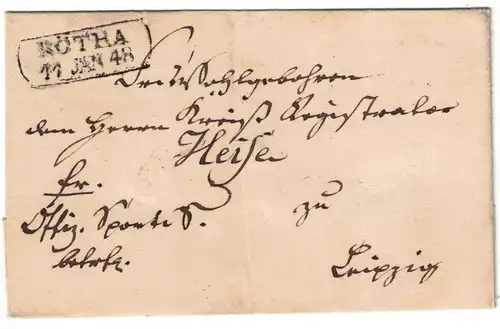 1848, Vorphilabrief von RÖTHA nach Leipzig. STADTPOST K2 als Ankunft