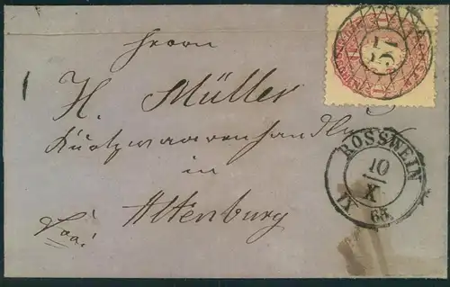 1865, kleine Faltbriefhülle mit 1 Ngr. Wappenab ROSSWEIN m. Nummernstempel "57"