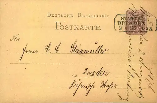 1876, "STADTPOST DRESDEN XI", Ra3 auf 5 pfge. Ortskarte in DRESDEN