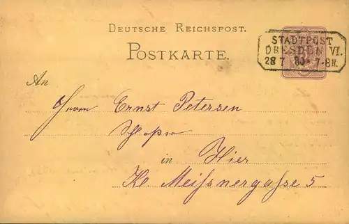 1880, "STADTPOST DRESDEN VI", Ra3 auf 5 Pfg. Ortskarte in DRESDEN