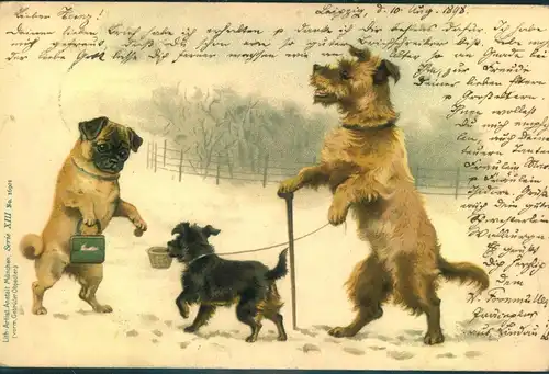 1898, Hunde, Chien, dogs, gelaufen ab LEIPZIG. "Lith. Artist Anstalt München". Erh 1-