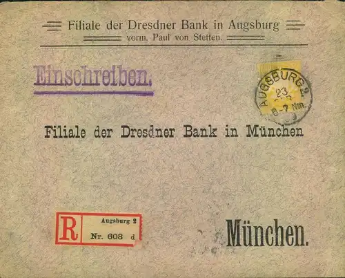 1909, 40 Pfg. Wappen als EF auf Bank-Einschreiben ab AUGSBURG