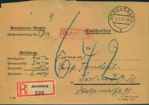 1937, Wechselprotest mit 6,42 RM Gebhren ab AHRENSBURG