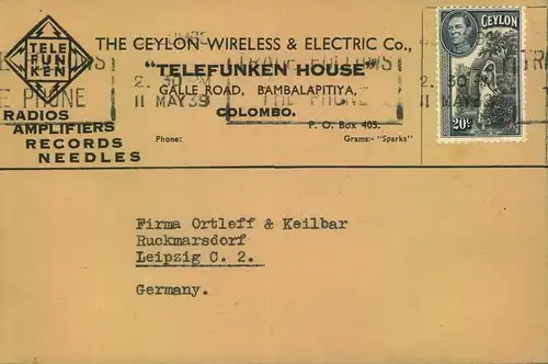 1939, TELEFUNKEN Raios, Needles, Records, Amplifiers from Colombu, Ceylon to Leipzig.