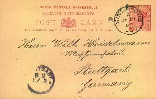 1897, 3 Cents stationery card from "SINGAPORE A JA 12 97" to Stuttgart.