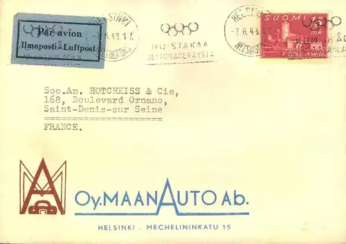 1948, Firmenbrief m. Automobilwerbung m. Maschinen-Werbestempel für die OLYMPISCHEN SPIELE 1952, Helsinki