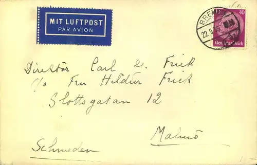 1938, 40 Pfg. Hindenburg als EF ab BREMEN auf Luftpostbrief in die USA.