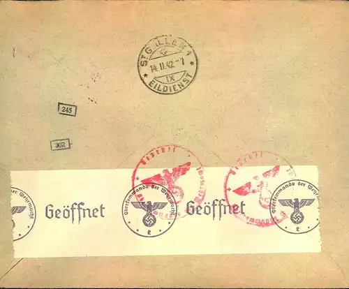 1942, Eilbrief ab BREMEN mit 3-mal 25 Pfg. Hitler nach St. Gallen, Schweiz. OKW-Zensur