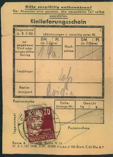 1950, Einlieferungsschein mit 20 Pfg. Köpfe I ab BERLIN