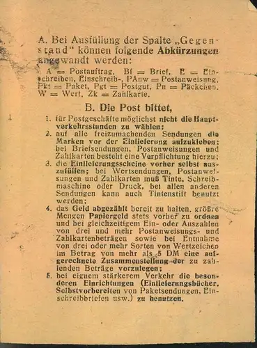 1950, Einlieferungsschein mit 20 Pfg. Köpfe I ab BERLIN