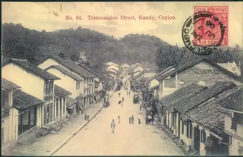1905, ppc "Trincolmalee Street, Kandy franked with 6 C. on front from COLOMBO.