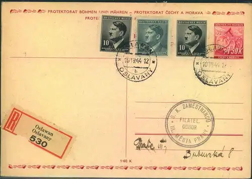 1944, 1,50 K Ganzsachenkarte mit Zusatzfrnkatur als Sammler-Einschreiben ab OSLAVANY