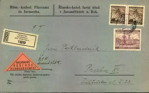 1940 (ca.), Einschreiben Nachnahme mit seltener 6,20 K Frankatur ab Jarmeritz