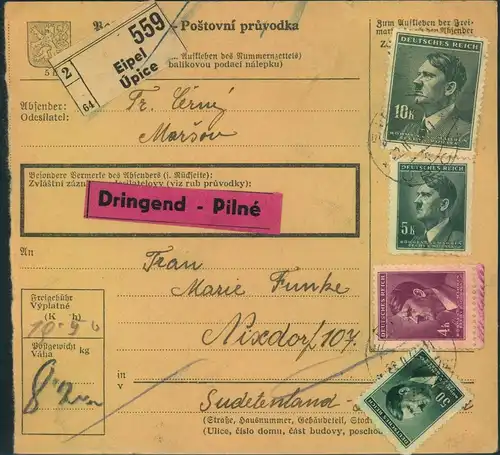 1943, Eil-Paketkarte mit hoher Hitler-Frankatur ab "EIPEL - Upice"