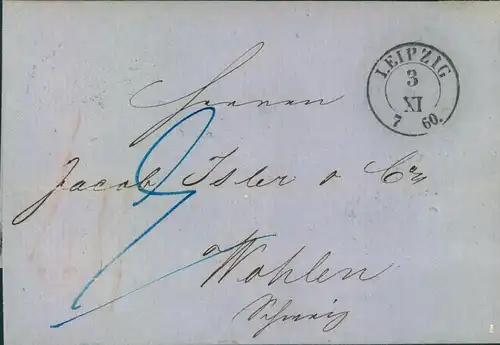 1860, bar bezahlter Brief ab LEIPZIG nach Wohlen, Schweiz mit Badischer Bahnpost