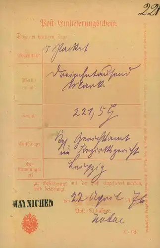 1876, Postschein mit L1 HAYNICHEN