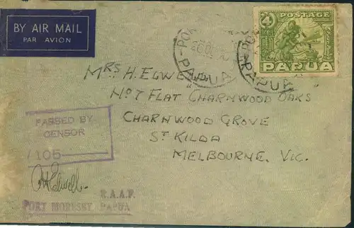 1940, PAPUA: air mail cover franked 4 p. with PORT MORESBY RAAF censor to Melbourne, Australia