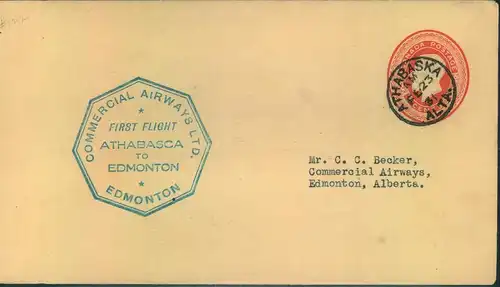 1931, first flight cover "ATHABASCA-EDMONTON" by Commercial Airwais with special "AIR FEE" label on reverse