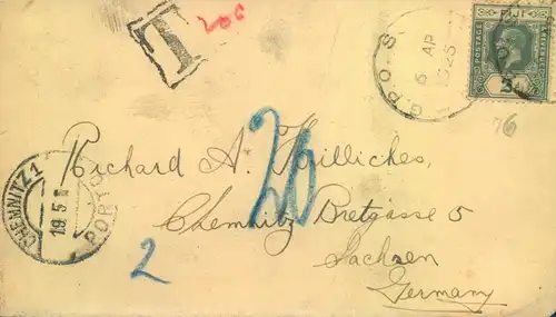 1925, Umschlag mit 2 C. Georg V mit "T 20" und "CHEMNITZ PORTO" nachtaxiert.