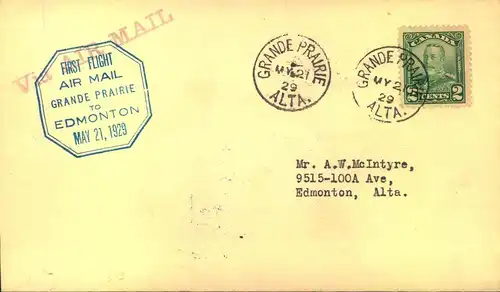 1929, first flight cover "GRAND PRAIRIE-EDMONTON" by Commercial Airwais with special "AIR FEE" label on reverse