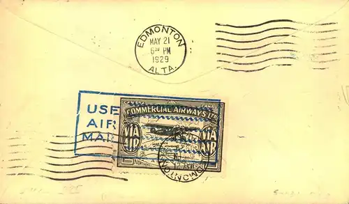 1929, first flight cover "GRAND PRAIRIE-EDMONTON" by Commercial Airwais with special "AIR FEE" label on reverse