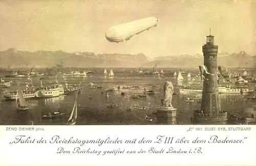 1909, Z III, "Fahrt der Reichstagsmitglieder mit dem Z III über dem Bodensee, ungebrauchte AK