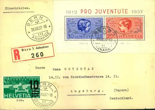1937, PRO JUVENTUTE, Blockausgabe mit Zusatz auf Einschreiben ab BERN nach Augsburg, Bayern - Block 3