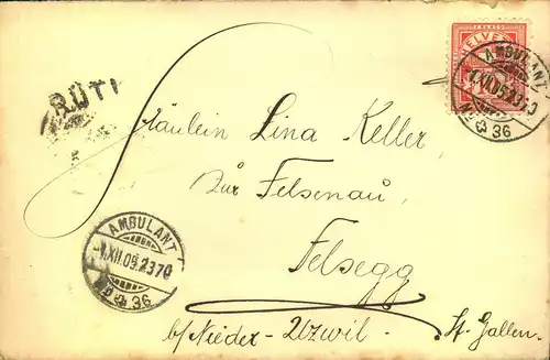 1909, Brief mit 10 Rp. Wappen "AMBULANT", Stabstempel "RÜTI" neben gesetzt.