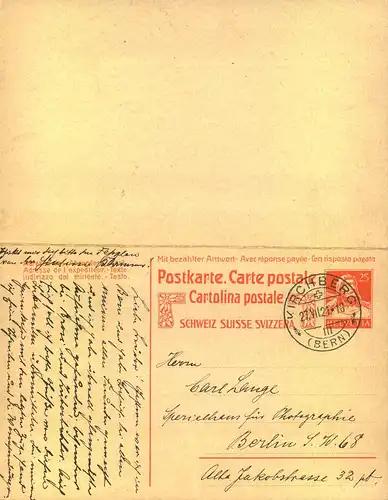 1921, 25 Rp Tell Doppelkarte ab KIRCHBERG (BERN) nach Berlin. Frageteil mit viel Text, Antwort ungebraucht - P 80