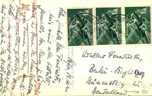 1940, picture postcard via air mail from Sofia. German censor.
