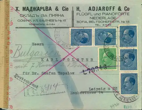 1944, registered air mail from SOFIA with chemical censor to Leipzig.