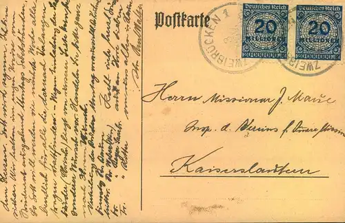1923, Postkarte mit 20 Mio Mehrfachfrankatur ab "SAARBRÜCKEN 3.11.23" Sonntagsentwertung aus der kurzem Portoperiode 22