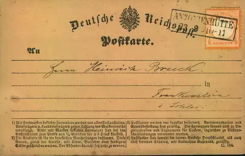 1872, ANTONIENHÜTTE, nachverwendeter Preußen Ra2 auf Postkarte mit 1/2 Groschen kl. Schild  - Michel 14