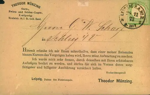 1873, 1/3 Groschen großer Brustschild auf Vertreterkarte "LEIPZIG P.A.No. 2"