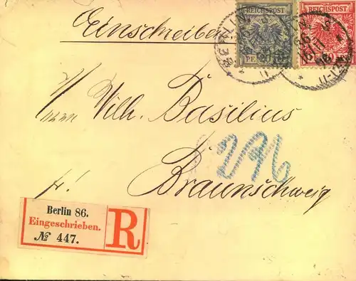 1896, "BERLIN S 86" seltenerer Stempel auf R-Brief 20 und 10 Pfg. Krone/Adler nch Braunschweig.BERLIN S 86"