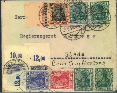 1920, 9 Germaniawerte, davon 3-mal P OR auf Brief ab BENTHEIM