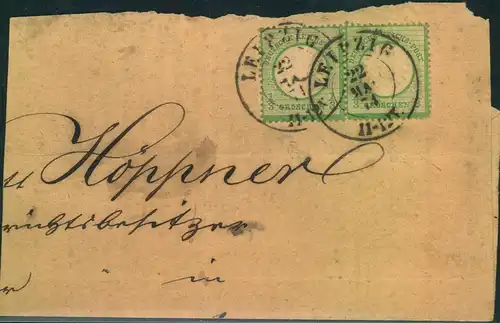 1874, 1/3 Groschen großer Brustschild im waagerechten Paar auf größerem Briefteil ab LEIPZIG