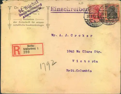 1913, Einchreiben ab BERLIN-SCHÖNEBERG nach Canada.