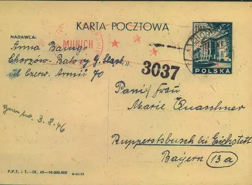 1946, Postal stationery card from CHORZOW with MUNICH american and polish censorcensor