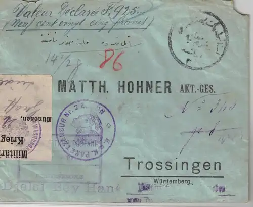 1916, sealed letter from CONSTANTINOPLE, value declared "Fr. 925" with K,u,K, and Munich (MÜNCHEN) censor to Trossingen