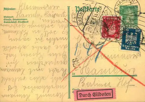 1927, Eilbotenkarte von HAMELN nach Hamburg, dort Rollstempel