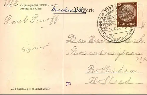 10 Pfg. Hindenburg Wz. Waffeln als EF auf Drucksachenkarte nach Holland ab TITISEE 28.8.34