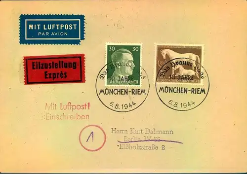 1944: Luftpost-Eilbrief mit Sonderstempel " 10 Jahre Das braune Band MÜNCHEN-RIEM"