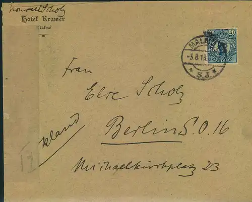 1918, ZENSUR: Brief aus Schweden nach Berlin, "Militärischerseits unter Kriegsrecht geöffnet"