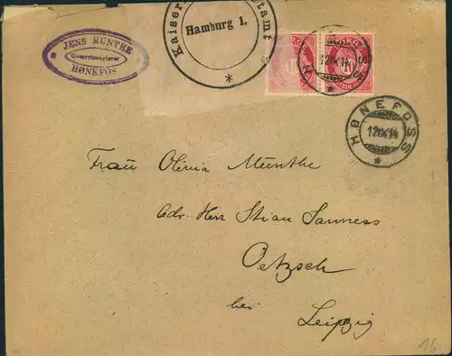 1914, ZENSUR: Brief aus Norwegen mit Zensurstempel und Unterschrift sowie Verschluss "Kaiserlliches Postamt Hamburg 1"