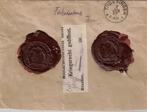 1917, Wertbrief über 280 K mit seltener EF 60 H. Wappen ab Wien nach Trossingen, Württemberg. 2 kompl. Siegel und Zensur