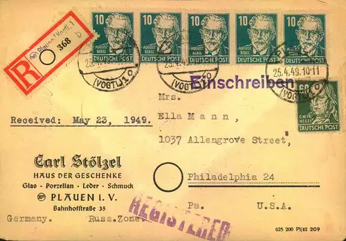 1949, Einschreiben ab "(10) Plauen (Vogtl.) 1" mit Not-R-Zettel nach USA