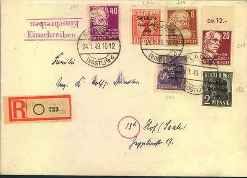 1949, Einschreiben ab "(10) Plauen (Vogtl.) 4" mit Not-R-Zettel nach Hof (Saale)